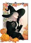  1girl absurdres animal animal_on_shoulder autumn autumn_leaves black_cat black_dress black_headwear blonde_hair border cat chisaya_matsuhisa dress green_nails halloween hat highres jack-o&#039;-lantern leaf long_hair making-of_available maple_leaf nail_polish original pumpkin sitting tongue tongue_out white_border witch witch_hat 