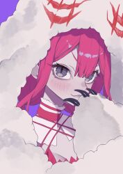  1girl baobhan_sith_(fate) baobhan_sith_(swimsuit_pretender)_(first_ascension)_(fate) cernunnos_(fate) cernunnos_(fate)_(cosplay) character_hood cosplay fate/grand_order fate_(series) grey_eyes headwear_with_attached_mittens highres jacket kujiraoka long_hair looking_at_viewer pink_hair portrait sidelocks smile solo white_jacket 