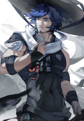  1boy absurdres arknights blue_eyes blue_hair closed_mouth daziran_de_duqiyan facial_hair goatee hat highres holding male_focus mature_male mr._nothing_(arknights) mustache scarf shirt sleeveless sleeveless_shirt solo toned toned_male white_background white_scarf 