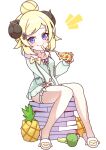  1girl blonde_hair cross_(vgne4542) food fruit highres hololive pineapple pizza solo tsunomaki_watame tsunomaki_watame_(5th_costume) violet_eyes 