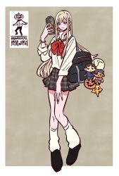  1girl alternate_costume bag black_bag black_shoes black_skirt blonde_hair border bow bowtie bracelet brown_background cellphone character_charm charm_(object) closed_mouth collared_shirt commentary_request copyright_name earrings fingernails full_body gigi_andalusia green_eyes gundam gundam_hathaway's_flash hand_on_own_thigh hand_up haro hathaway_noa highres holding holding_phone jewelry kenneth_sleg lipstick long_hair long_sleeves looking_at_viewer loose_socks mafti_nabiyu_erin makeup outside_border phone pink_lips plaid_clothes plaid_skirt pleated_skirt pumpkin red_bow red_nails school_uniform shirt shoes shoulder_bag sidelocks simple_background skirt smartphone smile socks solo standing takeuchi_ryousuke triangle_earrings very_long_fingernails very_long_hair white_border white_shirt white_socks wing_collar 