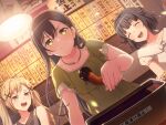 3girls bang_dream! black_hair blush dress food green_eyes hanazono_tae ichigaya_arisa long_hair official_art sweatdrop ushigome_rimi