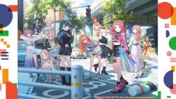  bridge car gakuen_idolmaster gradient_hair green_light high_heels highres idolmaster juo_sena long_hair motor_vehicle multicolored_hair multiple_girls official_art plant road shoes sneakers traffic_light tree 