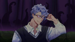  1boy adam&#039;s_apple azul_ashengrotto black_vest closed_mouth collared_shirt couch daziran_de_duqiyan glasses glowing glowing_eyes looking_at_viewer male_focus shirt solo tentacles twisted_wonderland vest violet_eyes white_shirt 