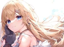  1girl absurdres aizawa_ema black_gloves blonde_hair blue_eyes blush cat_earrings choker closed_mouth collarbone dress earrings gloves hair_between_eyes hair_flaps hair_ornament hairclip highres jewelry lace lace-trimmed_choker lace_choker lace_gloves lace_trim long_hair looking_at_viewer matutoki_nara05 simple_background smile solo upper_body very_long_hair virtual_youtuber vspo! white_background white_dress 