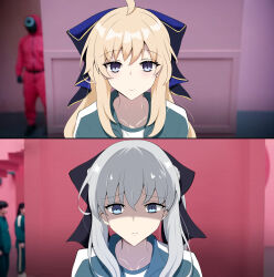  2girls absurdres aesc_(fate) aesc_(savior)_(fate) ahoge before_and_after black_ribbon blonde_hair blue_eyes blue_ribbon blush commentary_request depressed fate/grand_order fate_(series) hair_between_eyes hair_ribbon highres ice_choco_maker long_hair meme morgan_le_fay_(fate) multiple_girls parted_lips ribbon sad shaded_face sidelocks smile squid_game white_hair year_1_&amp;_year_2_(squid_game)_(meme) 