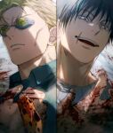  2boys absurdres black_eyes black_hair blonde_hair blood blood_on_hands blue_shirt collared_shirt frown fushiguro_touji hand_up highres jujutsu_kaisen male_focus multiple_boys nanami_kento open_mouth parted_lips round_eyewear scar scar_on_face scar_on_mouth shirt short_hair smile split_screen sweater upper_body v-shaped_eyebrows white_background white_sweater yoon_(dmsco1803) 