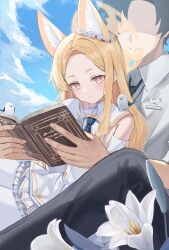  1boy 1girl animal_ear_fluff animal_ears animal_on_shoulder awa_(awao141) bare_shoulders bird bird_on_shoulder black_hair black_necktie black_pants blonde_hair blue_archive blue_necktie blush book closed_mouth detached_sleeves dress flower fox_ears fox_girl hair_flower hair_ornament highres holding holding_book necktie no_eyes pants pantyhose pink_eyes reading seia_(blue_archive) sensei_(blue_archive) sensei_(blue_archive_the_animation) shaded_face shirt short_hair sitting sitting_on_lap sitting_on_person sleeves_past_fingers sleeves_past_wrists smile white_dress white_flower white_pantyhose white_shirt 