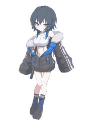  1girl absurdres black_boots black_hair black_jacket blue_hair blush boots closed_mouth commentary_request crop_top full_body fur-trimmed_jacket fur_trim hachimitsu_shitate highres ichinose_uruha ichinose_uruha_(4th_costume) jacket looking_at_viewer multicolored_hair navel simple_background solo streaked_hair two-tone_hair violet_eyes virtual_youtuber vspo! white_background 