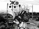  1girl animal_ears asagina_gi bandaid bandaid_on_face bush commentary demon_horns dirt_road feet_out_of_frame grin halo highres horns jacket long_sleeves looking_at_viewer monochrome mountainous_horizon original outdoors pleated_skirt power_lines railroad_crossing railroad_signal road road_sign sidelocks sign skirt smile socks solo symbol-only_commentary tail transformer utility_pole wide_sleeves wings 