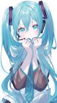  1girl absurdres black_sleeves blue_eyes blue_hair collared_shirt commentary detached_sleeves hands_up hatsune_miku headphones headset highres holding holding_hair long_hair long_sleeves looking_at_viewer misumi_(macaroni) parted_lips redrawn shirt simple_background sleeveless sleeveless_shirt solo twintails very_long_hair vocaloid white_background white_shirt wide_sleeves 