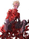  1boy absurdres black_gloves blonde_hair boots coat decided_218 gloves green_eyes happy highres invisible_chair red_coat simple_background sitting smile solo teeth trigun v vash_the_stampede white_background 