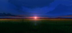  clouds cloudy_sky field grass highres iriza_katou mountainous_horizon no_humans original outdoors scenery sky sun sunset wire_fence 