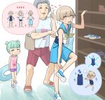  1boy 2girls ? ?? aqua_bag bag black_shorts blonde_hair blue_footwear blue_shorts blue_suit blush closed_eyes green_hair grey_hair hand_up holding_lifebuoy leg_up male_focus mubo multiple_girls open_mouth original otoko_no_ko peppa_pig pink_shirt purple_shorts school_swimsuit school_uniform serafuku shell shirt shoes short_hair short_shorts shorts sleeveless speech_bubble suit sweat swimsuit white_background white_shirt yellow_eyes 