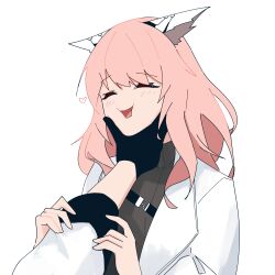  1girl absurdres animal_ears black_gloves cat_ears girls&#039;_frontline_neural_cloud girls_frontline gloves heart highres lab_coat long_hair long_sleeves myticalcat neck_grab open_mouth out_of_frame persicaria_(neural_cloud) pink_hair simple_background solo_focus sweater turtleneck turtleneck_sweater white_background 