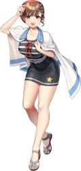  1girl akasaka_yuzu asahi_(kancolle) asahi_(summer)_(kancolle) black_dress braid breasts brown_hair cape dress full_body grey_eyes hat kantai_collection large_breasts looking_at_viewer mole mole_under_mouth official_alternate_costume official_art red_hat sandals short_dress short_hair side_braid single_braid smile solo standing striped_clothes striped_dress transparent_background white_cape 