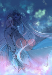  1boy 1girl black_hair closed_eyes fate/grand_order fate_(series) fujimaru_ritsuka_(male) full_body hair_between_eyes highres kiss long_hair morgan_le_fay_(fate) morgan_le_fay_(queen_of_winter)_(fate) ringozuki short_hair very_long_hair white_hair 