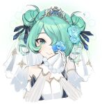  1girl bare_shoulders black_ribbon blue_flower blush cropped_torso double_bun drill_hair flower flower_over_eye gloves green_eyes green_hair gwen_(league_of_legends) hair_bun hair_ornament hair_ribbon hands_up interlocked_fingers league_of_legends long_sleeves prestige_crystal_rose_gwen ribbon short_hair simple_background smile solo taeseog_(jts_lol) teeth twin_drills veil white_background white_gloves 