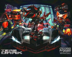  absurdres black_fur black_jacket black_pants car e-123_omega eyewear_on_head from_behind gloves group_picture highres jacket kornart motor_vehicle multicolored_fur pants red_eyes red_fur red_gloves robot rouge_the_bat shadow_the_hedgehog sonic_(series) sonic_racing:_crossworlds standing sunglasses white_fur wings 