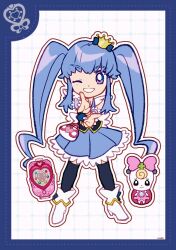  1girl back_bow black_thighhighs black_vest blue_border blue_bow blue_eyes blue_hair blue_skirt blue_wrist_cuffs boots border bow cellphone crown cure_princess deformed dot_nose dotted_line feather_sleeves finger_gun flip_phone footwear_bow frilled_skirt frilled_wrist_cuffs frills full_body gold_crown grid_background grin hair_bow happinesscharge_precure! happy high_heel_boots high_heels highres legs_apart light_blush long_hair looking_at_viewer magical_girl mini_crown miniskirt one_eye_closed outline own_hands_together phone pleated_skirt precure ribbon_(happinesscharge_precure!) shirayuki_hime short_sleeves sidelocks signature skirt smile standing straight-on tareme thigh-highs twintails uwded_207 very_long_hair vest wavy_hair white_background white_bag white_boots white_bow white_outline white_sleeves wrist_cuffs 