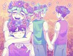  2boys basil_(headspace)_(omori) basil_(omori) blush closed_mouth colored_skin denim flower green_hair green_sweater_vest head_wreath highres jeans multiple_boys omori one_eye_closed open_mouth pants purple_hair purple_sweater_vest short_hair short_sleeves smile sunny_(omori) sweater_vest teeth upper_teeth_only violet_eyes white_skin zipsunz 
