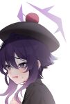  1girl black_headwear blue_archive blush hair_between_eyes halo haruka_(blue_archive) hat highres long_hair open_mouth pom_pom_(clothes) portrait purple_hair purple_halo simple_background solo suzu_(tonami0726) violet_eyes white_background 