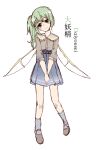  1girl absurdres alternate_costume blue_skirt brown_footwear casual character_name contemporary daiyousei fairy_wings frilled_shirt_collar frills full_body green_eyes green_hair grey_skirt grey_socks head_tilt highres long_sleeves makihako_bunko mary_janes medium_hair medium_skirt one_side_up pleated_skirt shoes simple_background skirt socks solo touhou v_arms white_background wings 