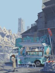  1girl 1other :3 :d absurdly_detailed_composition absurdres awning black_boots boots broken_window brown_coat brown_eyes brown_hair building coat complex_exterior creature day food food_stand food_truck highres holding holding_food holding_ice_cream holding_ice_cream_cone ice_cream ice_cream_cone ice_cream_stand long_hair looking_at_another looking_at_food menu_board motor_vehicle original outdoors post-apocalypse rubber_boots rubble ruins scenery sign sky skyscraper smile soft_serve truck user_hach3437 wide_shot 