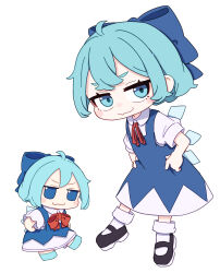  2girls absurdres ahoge black_shoes blue_bow blue_dress blue_eyes blue_hair blue_shoes blush_stickers bow bowtie cirno closed_mouth collared_shirt commentary_request dress dual_persona fang fang_out full_body fumo_(doll) hair_bow highres ice ice_wings kame_(kamepan44231) multiple_girls neck_ribbon pinafore_dress red_bow red_bowtie red_ribbon ribbon shirt shoes short_hair short_sleeves skin_fang sleeveless sleeveless_dress smile socks touhou white_shirt white_socks wings 