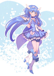  1girl aoki_reika blue_background blue_bow blue_bowtie blue_choker blue_eyes blue_hair blue_shirt blue_shorts blue_skirt blue_theme blue_wrist_cuffs boots bow bowtie brooch choker closed_mouth coattails cure_beauty dot_nose feather_sleeves footwear_bow frilled_skirt frills full_body hair_ornament hair_tubes hand_up happy high_heel_boots high_heels jewelry knee_boots knees leg_up light_blush long_hair long_sidelocks looking_at_viewer magical_girl miniskirt outline pleated_skirt precure serizawa_serizane shirt short_sleeves shorts shorts_under_skirt sidelocks skirt skirt_set smile smile_precure! solo standing tareme tiara twitter_username two-tone_background very_long_hair white_background white_boots white_outline white_sleeves wing_hair_ornament wrist_cuffs 
