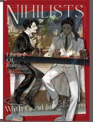  2boys :/ :d art_program_in_frame bar_stool black_hair black_necktie border coat collared_shirt cover cup dark-skinned_male dark_skin drink english_text food hair_slicked_back hand_up high_ponytail holding holding_cup library_of_ruina light_particles looking_at_another magazine_cover multiple_boys necktie olivier_(project_moon) on_stool outside_border ponytail popped_collar project_moon reaching reaching_towards_another red_border roland_(project_moon) second-party_source shirt short_hair smile stool suit table talking teeth tray upper_teeth_only white_coat white_shirt white_suit wuruko 