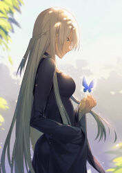  1girl absurdres breasts bug butterfly fate/apocrypha fate_(series) green_eyes grey_hair highres large_breasts leaf long_hair morgan_le_fay_(fate) morgan_le_fay_(fate/apocrypha) simple_background solo tree yorukun 
