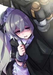  1boy 1girl apron artist_name black_dress black_nails commentary_request corin_wickes cuffs dress frilled_apron frills grey_hair hair_between_eyes hiding hiding_behind_another highres light_blush long_hair maid maid_headdress nail_polish open_mouth partial_commentary shackles short_sleeves signature solo_focus sweatdrop tareme twintails very_long_hair violet_eyes von_lycaon wavy_mouth white_apron wrist_cuffs yumefukura zenless_zone_zero 