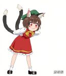  1girl :3 animal_ear_fluff animal_ear_piercing animal_ears blush bobby_socks bow bowtie brown_hair cat_ears cat_tail chen commentary_request dress earrings full_body green_headwear hands_on_own_hips hat highres jewelry legs_apart looking_down mob_cap multiple_tails nekomata petite petticoat qi_lang3568 red_dress red_eyes short_hair simple_background single_earring socks solo standing tail touhou two_tails white_background yellow_bow yellow_bowtie 