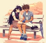  1boy 1girl bench black_eyes black_footwear black_hair blue_footwear brown_eyes brown_hair brown_shorts brown_skirt closed_umbrella collared_shirt dark-skinned_male dark_skin hero_(faraway)_(omori) hero_(omori) highres long_hair mari_(faraway)_(omori) mari_(omori) omori pleated_skirt shirt shoes short_hair short_sleeves shorts sitting skirt sneakers socks umbrella white_shirt white_socks zipsunz 