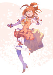  1girl boots bow bowtie brooch choker clenched_hand cure_sunny dot_nose feather_sleeves footwear_ribbon frilled_skirt frills full_body hair_bun hair_ornament happy high_heel_boots high_heels hino_akane_(smile_precure!) jewelry leg_up light_blush looking_at_viewer magical_girl mini_tiara miniskirt open_mouth orange_background orange_bow orange_bowtie orange_choker orange_eyes orange_hair orange_ribbon orange_shirt orange_shorts orange_skirt orange_theme orange_wrist_cuffs outline pleated_skirt precure ribbon serizawa_serizane shirt short_hair short_sleeves shorts shorts_under_skirt single_hair_bun skirt skirt_set smile smile_precure! solo tareme teeth thigh_boots tiara train_(clothing) twitter_username two-tone_background upper_teeth_only white_background white_boots white_outline white_sleeves wing_hair_ornament wrist_cuffs 