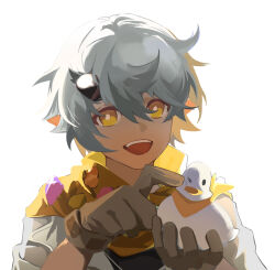  1boy animal arknights bird bright_pupils brown_gloves chestnut_(arknights) daziran_de_duqiyan duck gloves hair_between_eyes highres holding holding_animal looking_at_viewer male_focus open_mouth pointy_ears simple_background solo white_background white_pupils yellow_eyes 