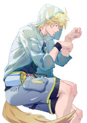  1boy absurdres adam&#039;s_apple arknights black_shirt blonde_hair closed_eyes daziran_de_duqiyan dog_boy dog_tail highres lying male_focus on_side parted_lips paw_pose raincoat see-through_clothes see-through_raincoat shirt shorts simple_background tail tequila_(arknights) white_background wristband 