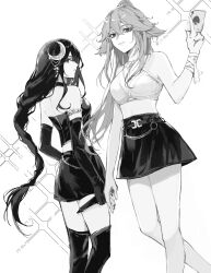  2girls alternate_costume animal_ears back bare_shoulders belt blunt_bangs braid card choker closed_mouth couple crescent crop_top elbow_gloves fox_ears fox_girl from_side genshin_impact gloves hair_between_eyes hair_ornament hand_up high_ponytail highres holding holding_card hoyofair jewelry kis7908992 long_braid long_hair looking_at_viewer looking_down looking_to_the_side low-tied_long_hair mole mole_under_eye monochrome moon_(ornament) multiple_girls navel necklace parted_lips playing_card ponytail raiden_shogun ribbon shade simple_background single_braid skirt sparkle standing stomach thigh-highs thighs white_background yae_miko yuri 