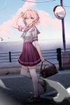  1girl absurdres alternate_costume bag bird black_footwear blue_eyes blue_neckerchief blurry blurry_foreground blush breasts chinese_commentary commentary_request earrings from_side full_body grin highres holding holding_bag honkai:_star_rail honkai_(series) jewelry loafers march_7th_(honkai:_star_rail) medium_breasts medium_hair medium_skirt neckerchief pink_eyes pink_hair pink_sailor_collar pink_skirt pleated_skirt pom-pom_(honkai:_star_rail) revision sailor_collar school_uniform serafuku shoes single_earring skindentation skirt smile solo thigh-highs traffic_mirror two-tone_eyes wangzili_shitoumen white_serafuku white_thighhighs zettai_ryouiki 