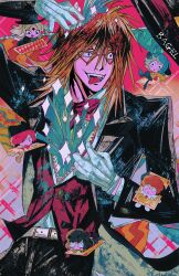  1girl 5boys absurdres bagel_(xinjinjumin900341874831) black_suit card chibi coattails cowboy_shot diamond_eyewear fangs glasses gloves highres luther_von_ivory medium_hair multiple_boys nana_(randal&#039;s_friends) nyen_(randal&#039;s_friends) nyon_(randal&#039;s_friends) orange_hair pink_background playing_card randal&#039;s_friends randal_ivory red_eyes red_vest sebastian_de_tomato_smith_chicken_legs suit tongue tongue_out vest 