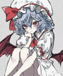  1girl ascot bat_wings blue_hair brooch closed_mouth commentary_request deal360acv dress expressionless feet_out_of_frame hand_up hat hat_ribbon highres jewelry knees_up looking_at_viewer medium_hair mob_cap puffy_short_sleeves puffy_sleeves red_ascot red_eyes red_ribbon remilia_scarlet ribbon shirt short_sleeves solo touhou white_dress white_headwear white_shirt wings 