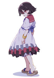  1girl absurdres back_bow blush bow bowtie bracelet brown_hair brown_sandals closed_mouth commentary dress full_body highres jewelry kame_(kamepan44231) kijin_seija looking_at_viewer multicolored_hair purple_bow purple_bowtie red_eyes red_hair red_sailor_collar sailor_collar sandals short_hair short_sleeves solo standing touhou white_dress white_hair 