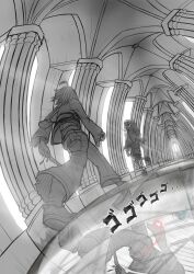 1other absurdres androgynous crossover frisk_(undertale) genocide_route_(undertale) glowing glowing_eyes heart highres holding holding_heart holding_knife jojo_no_kimyou_na_bouken jojo_pose kaldrinn knife meme menacing_(jojo) oh?_you're_approaching_me?_(meme) reflective_floor sans_(undertale) skeleton standing standing_on_one_leg undertale