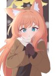  1girl absurdres animal_ear_fluff animal_ears black_dress blue_archive blue_eyes blush brown_coat brown_gloves coat dress gloves hagoonha halo highres long_hair long_sleeves looking_at_viewer mari_(blue_archive) open_clothes open_coat open_mouth orange_hair solo upper_body yellow_halo 