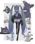  1girl aqua_hair black_thighhighs chandelure cross detached_sleeves duskull fire floating gengar ghost ghost_miku_(project_voltage) glitch gradient_hair graveyard grey_shirt hair_between_eyes hatsune_miku highres litwick looking_at_viewer mimikyu misdreavus mismagius multicolored_hair necktie pale_skin parted_lips pokemon pokemon_(creature) pool17 project_voltage red_eyes see-through see-through_skirt shirt sinistea skirt sleeves_past_fingers sleeves_past_wrists thigh-highs tombstone twintails vocaloid will-o&#039;-the-wisp_(mythology) yellow_eyes 