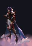  1boy absurdres alcryst_(fire_emblem) armor blue_hair cape circlet fire_emblem fire_emblem_engage full_body fur_trim highres looking_to_the_side male_focus nanashi_kuno red_eyes shirt short_hair shoulder_armor solo standing 