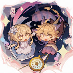  1boy 1girl aether_(genshin_impact) ahoge alice&#039;s_adventures_in_wonderland alternate_costume animal_ears animal_hands apron ayiiiyiii black_pants black_shoes blonde_hair blue_dress bow bowtie braid brother_and_sister brown_jacket card cat_ears cat_tail chain chibi crossover dress earrings fang flower frills genshin_impact gloves gold_chain hair_between_eyes hair_flower hair_ornament hair_ribbon highres holding_hands jacket jewelry kemonomimi_mode long_hair long_sleeves looking_at_object looking_down low-braided_long_hair low-tied_long_hair lumine_(genshin_impact) open_mouth pants playing_card pocket_watch puffy_short_sleeves puffy_sleeves purple_bow purple_bowtie ribbon shoes short_hair short_sleeves siblings sidelocks single_earring sparkle tail watch white_apron white_flower white_gloves white_ribbon yellow_eyes 