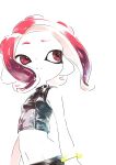  1girl agent_8_(splatoon) breasts closed_mouth frown groin highres medium_hair navel octoling octoling_girl red_eyes redhead simple_background small_breasts solo splatoon_(series) splatoon_2 splatoon_2:_octo_expansion split_mouth suction_cups tenshinhannnn tentacle_hair white_background zipper 