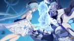  bare_legs beret black_headwear blue_hair breasts chinese_commentary closed_eyes closed_mouth dress griseo hat highres honkai_(series) honkai_impact_3rd light_blue_hair logo long_hair mecha official_art official_wallpaper robot small_breasts spoilers white_dress 